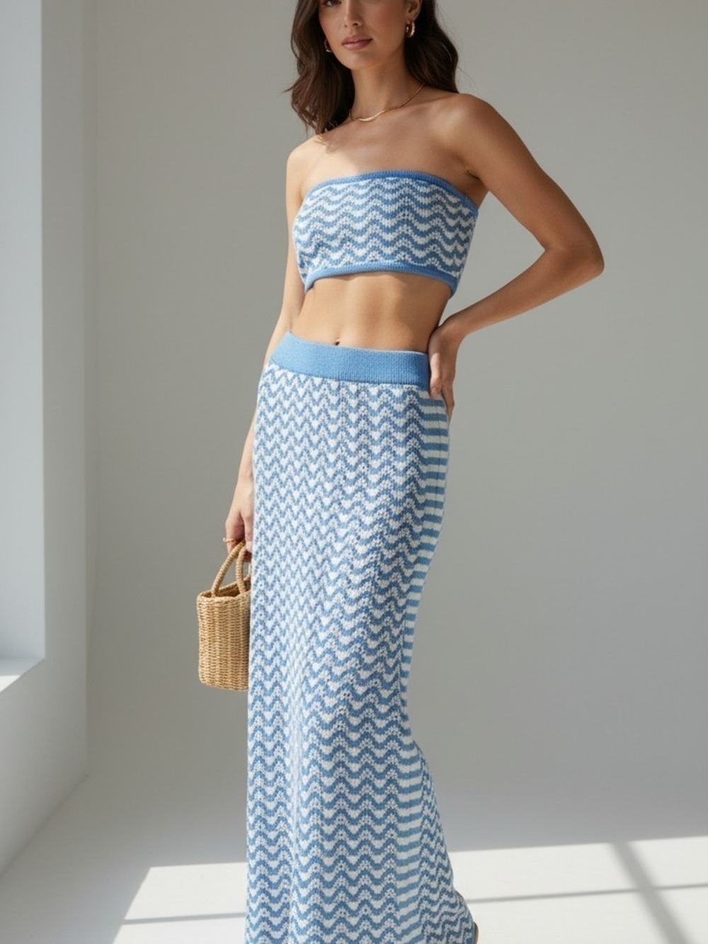 Blue-and-White Wave Crochet Tube Top & Maxi Skirt Set-cupshe Brand Xl